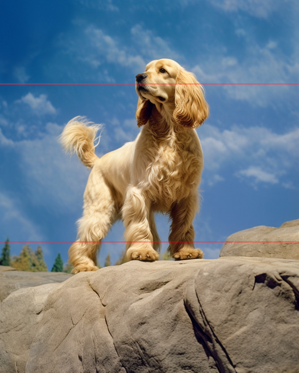 Cream color Cocker Spaniel standing proudly on cliffside rock with blue sky above